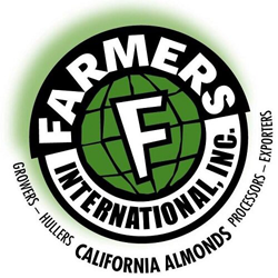 Farmers International, Inc. logo with Growers, Hullers, California Almonds, Processors, Exporters description below circle with green web icon illustration with F in middle of it