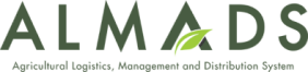 Almads Logistics logo with green leaf over green text with Agricultural Logistics, Management and Distribution System description underneath