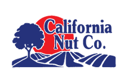 California Nut Co. logo in dark blue with land and tree to left with red circle sun behind