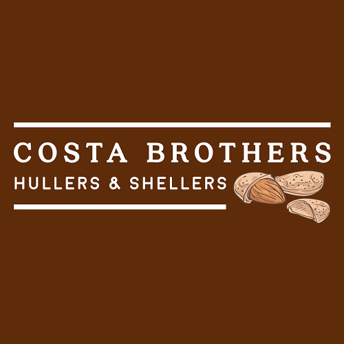 Costa Brothers Hullers & Shellers logo in brown and white with two almonds to right, one half shelled and one unshelled