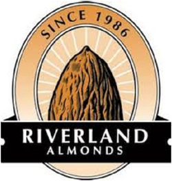 Riverland Almonds Since 1986 badge with blcak banner and detailed almond illustration in middle of badge