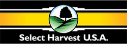 Select Harvest U.S.A. banner logo with circle in the center with green hills and black tree in center of it