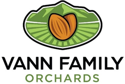 Vann Family Orchards green icon of valley and mountains with two almond clusters in front of it