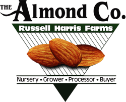 The Almond Co., Nursery, Grower, Processor, Buyer with upside down triangle in center with three almonds and straight lines in the background with Russell Harris Farms on top