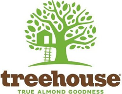 Treehouse true almond goodness logo with icon of green tree on a hill with treehouse in tree with ladder leading up to treehouse