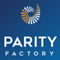 Party Factory logo with yellow and white swirl with lines on blue background