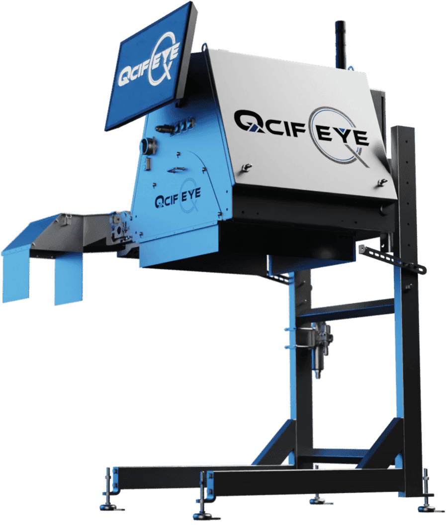 QCIFY grey metal QCIFEye in-line monitoring system on supportive legs with QCIFY logo on monitor on top
